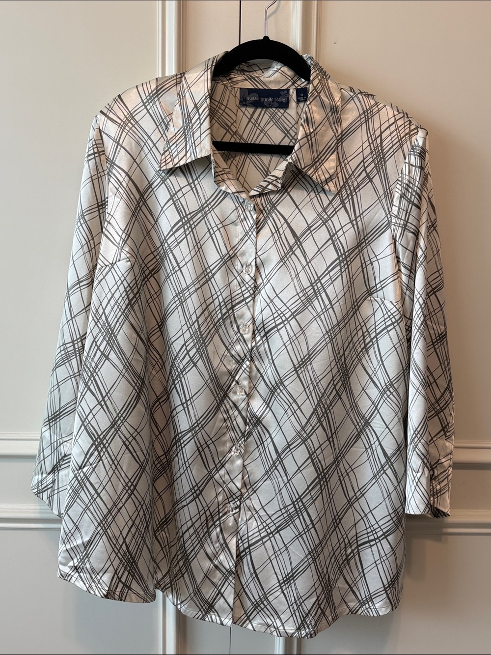 Susan Graver Cream Button-Front Shirt with Black Plaid